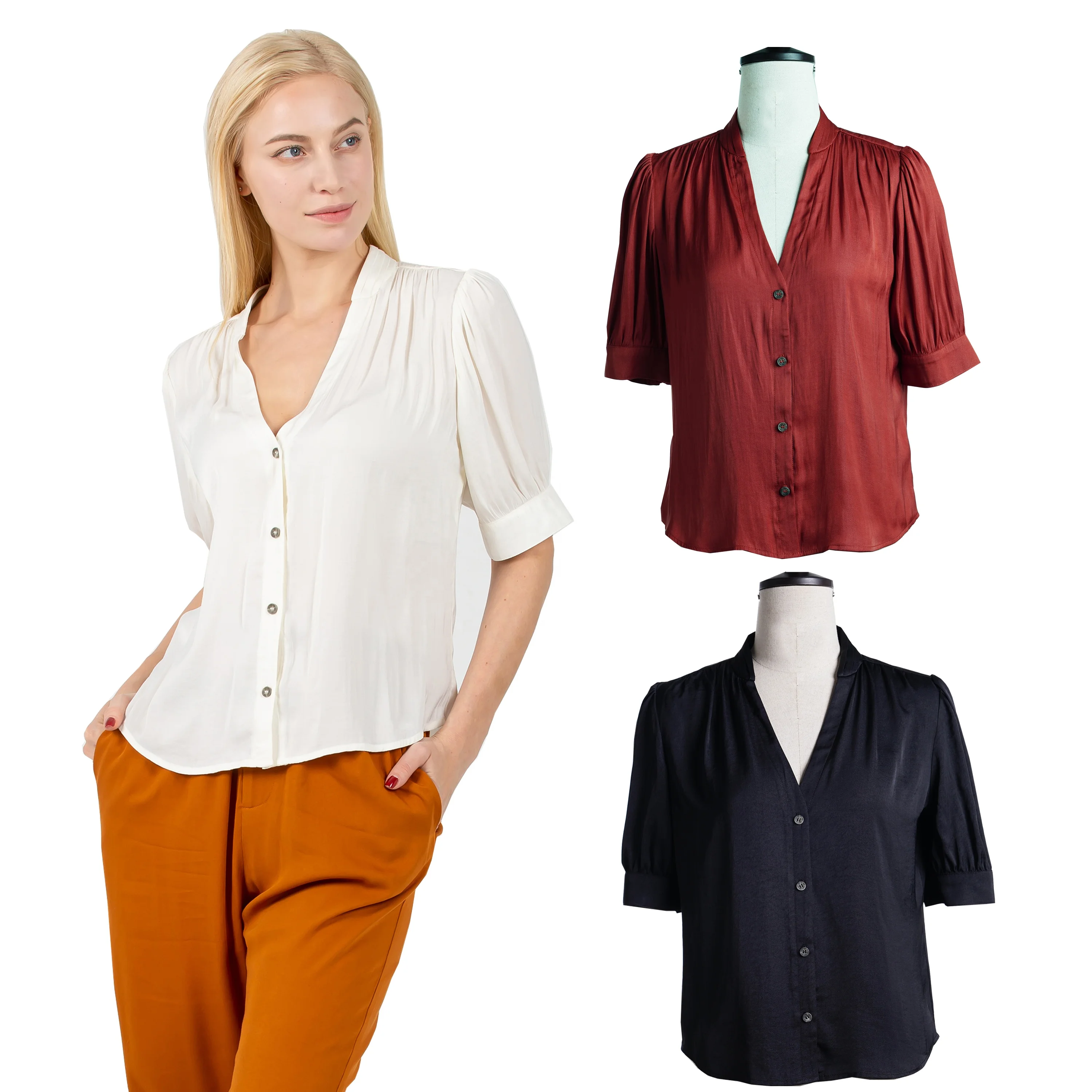 

Amazon Ladies Casual Elegant Lantern Short Sleeve V Neck Button Down Silk Satin Tops Office Blouse for Woman