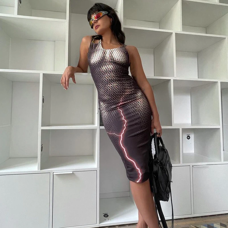 

2021 New Fashion Print Sweet Party Wear Sleeveless Bodycon Midi Dresses Women