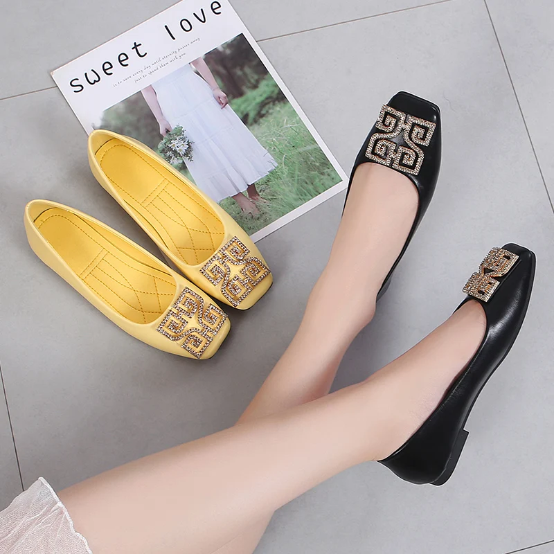 

Fashion design rhinestone buckle square toe ladies ballerina shoes slip on shoes women flat shoes