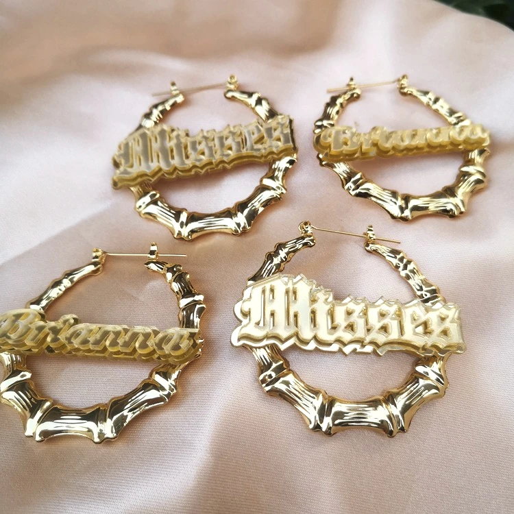 

jialin jewelry personalized name earrings custom large big gold name earrings acrylic bamboo display hoop earrings