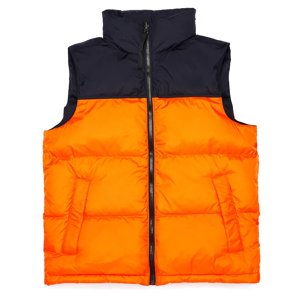 

Wholesales North Regular Duck Down feather Unisex Vest Stand Collar Ribbed waterproof Outdoor climb Warmth pocket Loose vest, Orange pink black red yellow blue