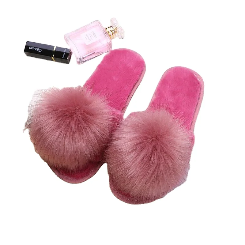 

2020 New arrival fur ball plush slippers home indoor slide slippers, Pink, grey, black, dark red