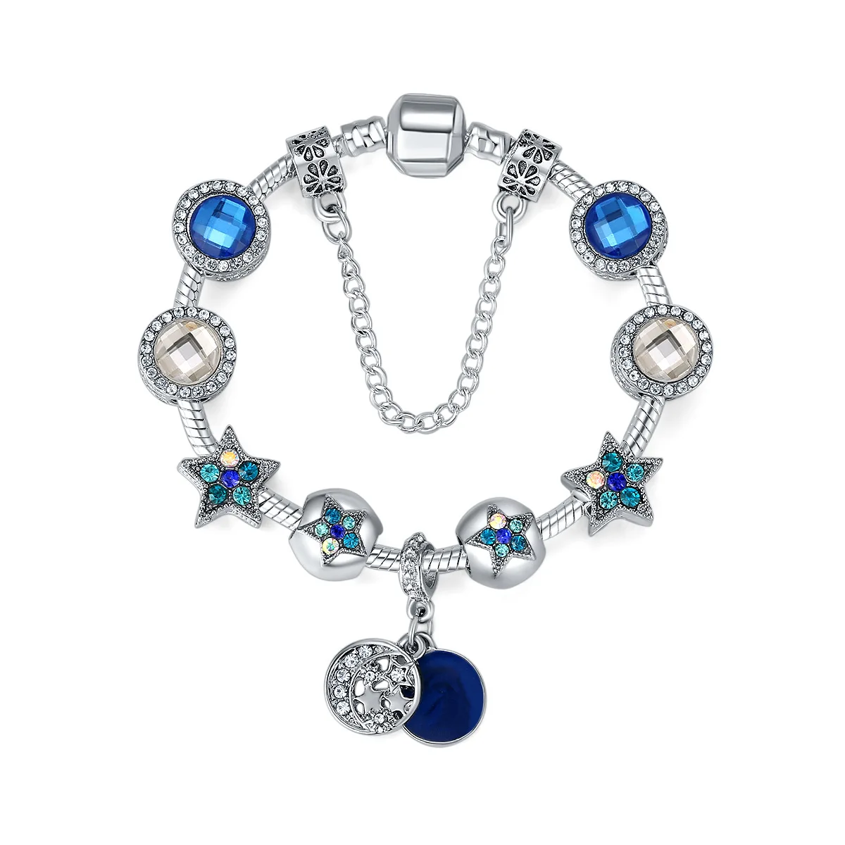 

European Silver Plated Safety Chain Blue Crystal Beads Bracelet Sky Blue Star Charm Bracelets