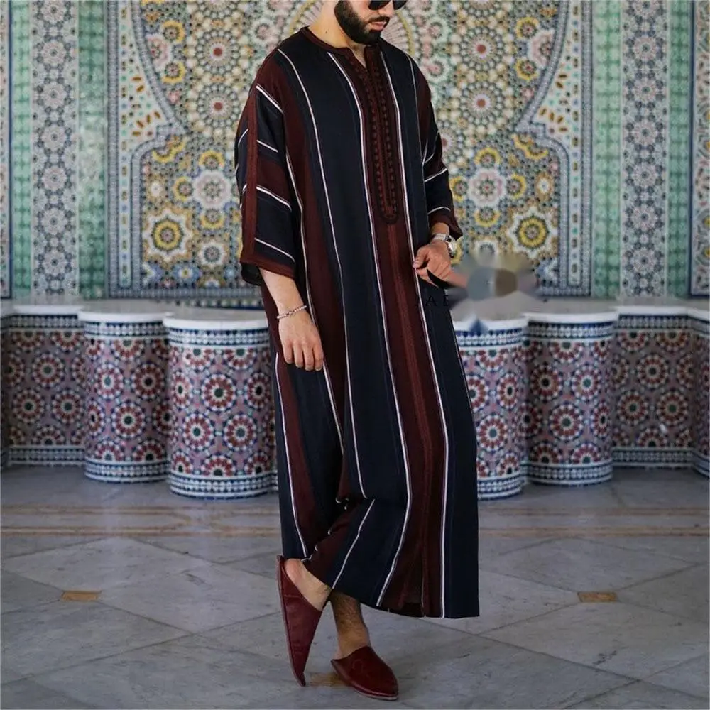 M-4XL Black Thin Linen Striped Linen  Youth Loose Fitting Muslim Robe  Traditional Ethnic Costumes