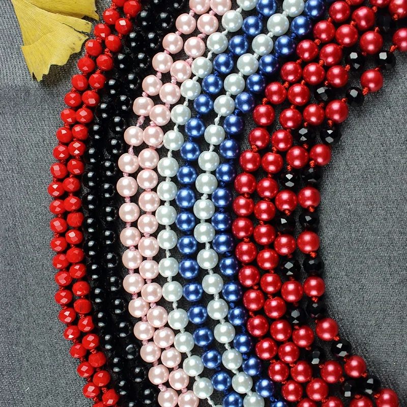 

long 1.5m 8mm Glass Pearl Beads Knotted for sweater chain clothing accessories, Multicolor