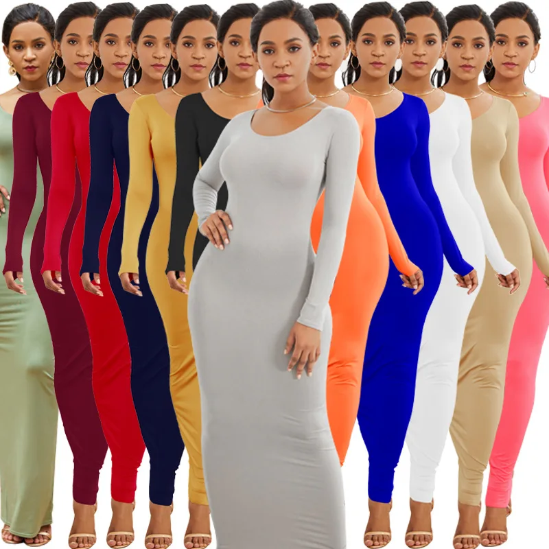 

Rib Knit Simple Round Neck Long Sleeve Bodycon Maxi Elegant Women Solid Outfit Spring Casual Party Long Dress, 15 colors