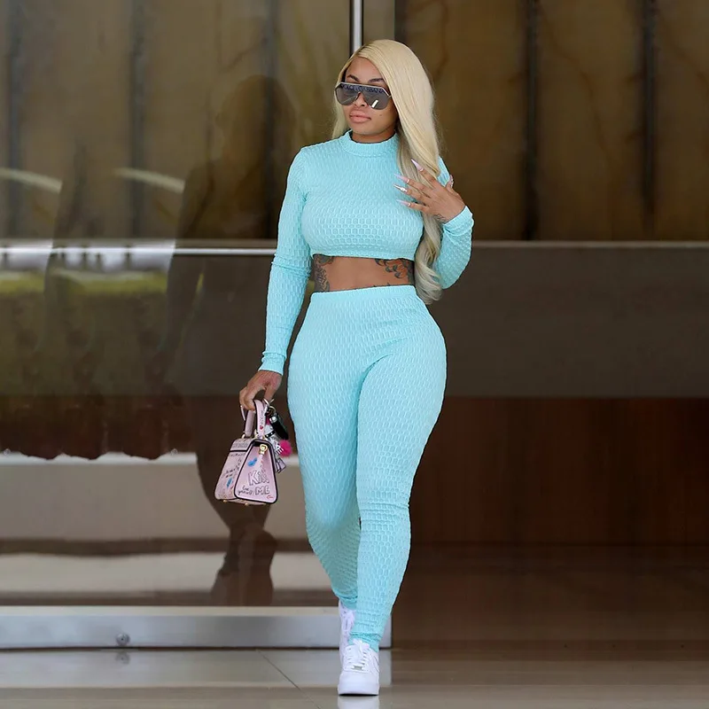 

women fitness 2 pieces set solid color plaid tracksuit long sleeve turtleneck crop top + elastic push up leggings outfits