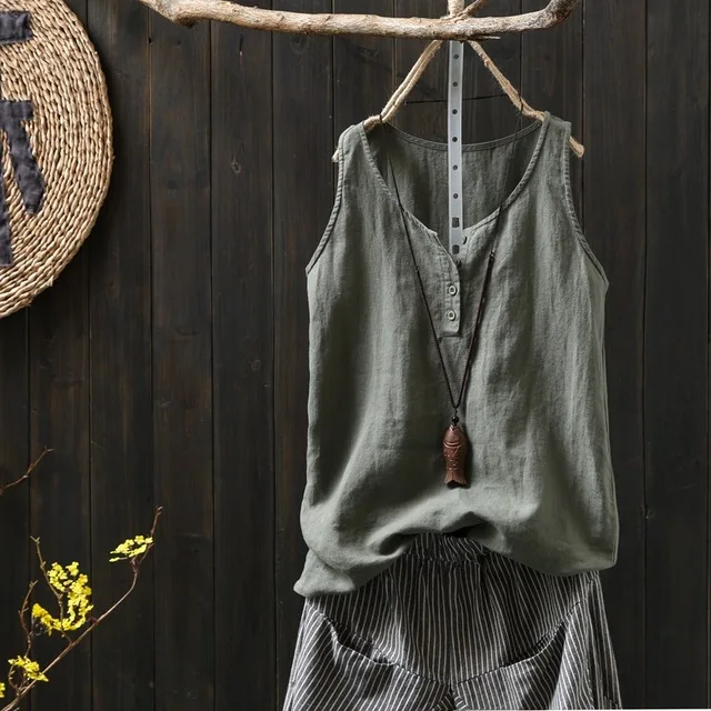 

high quality fashion design lady clothing sleeveless summer cotton linen women blouse, Custom