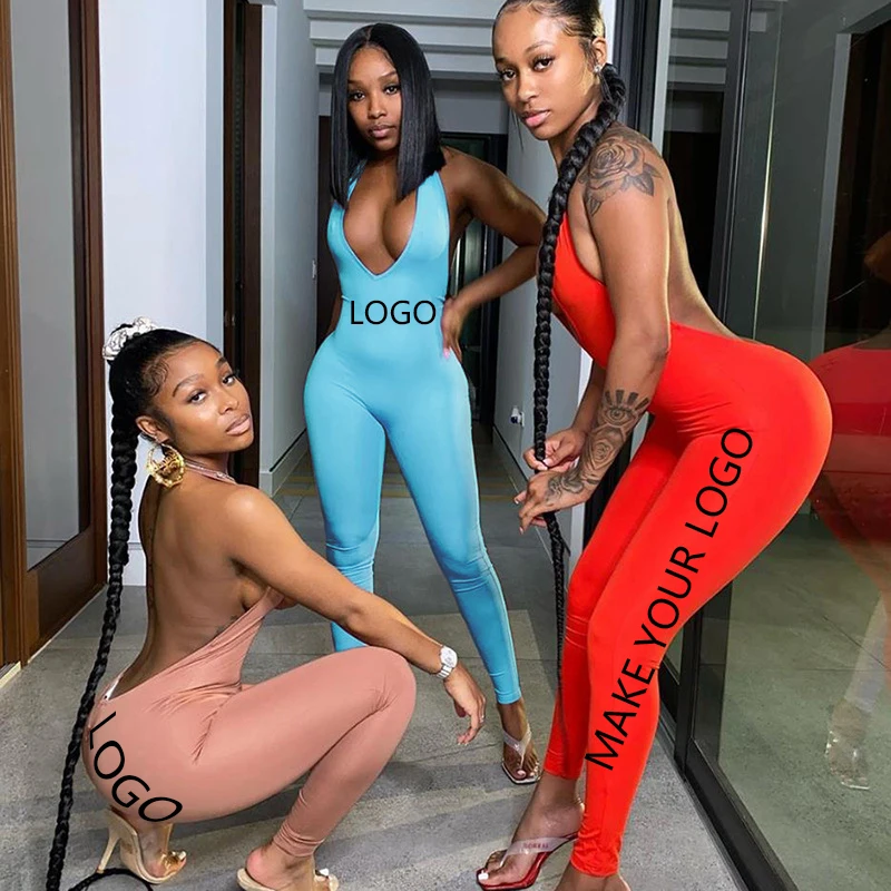 

summer new women's sexy backless neck V-neck and hip lifting sports Jumpsuit v-neck vest