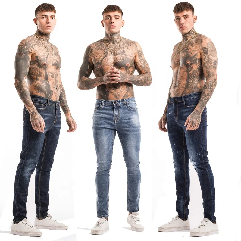 

Gingtto New Design Light Blue Men Destroyed Tapered Jeans Pants Slim Fit Stock Jeans Original For Men