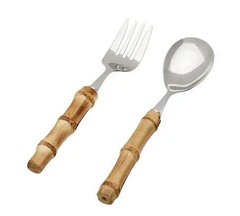 

Natural bamboo silverware set with serving utensils, stainless steel forged cutlery salad fork and spoon set for hotel, Silver