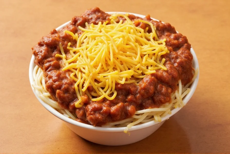 Authentic Skyline Chili three-way in a shallow bowl showing spaghetti base, meat sauce, and melted cheddar cheese topping