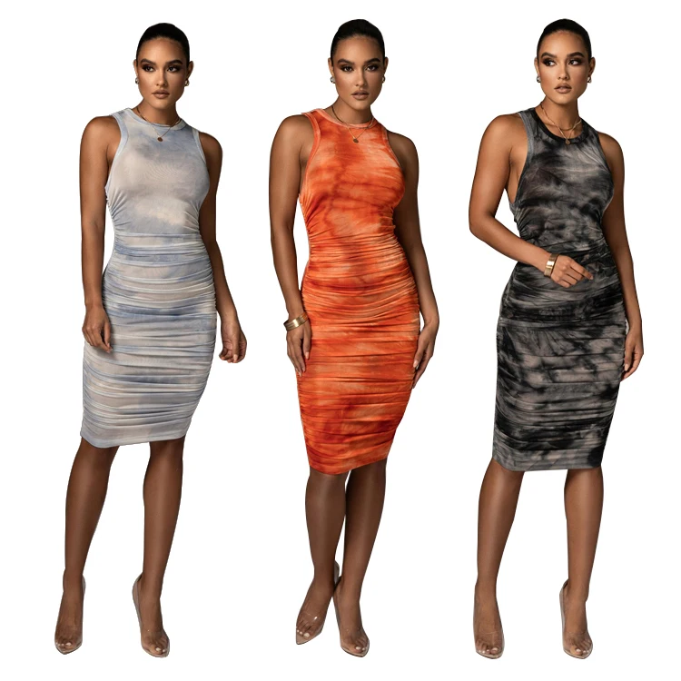 

Sexy Tie Dye Printed Sleeveless Midi Fashion Lady Casual Dress Elegant Bodycon Dress