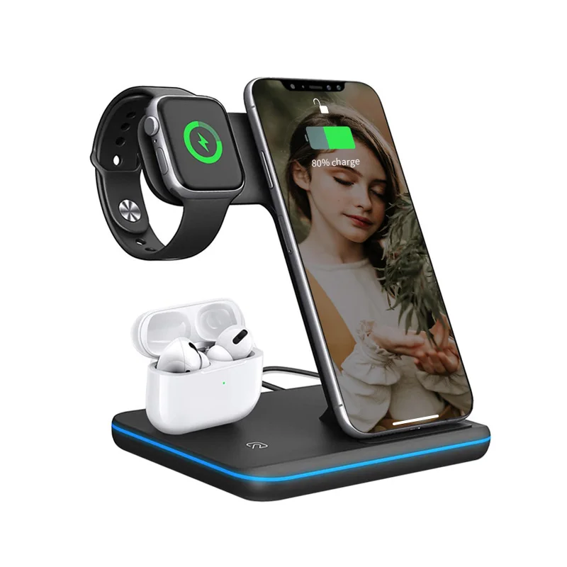 

Multi 3 IN 1 Docking Chargeur Cargadores Charger Smartphone Mobile Phone Chargers Fast Charger Wireless Charging Station, Black