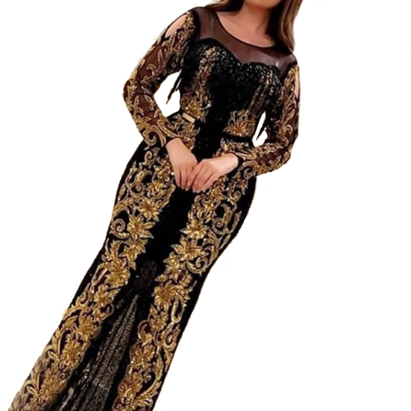 

2021 Spring Long Sleeved Sequined Party Evening Lace Flower Dress, As picture