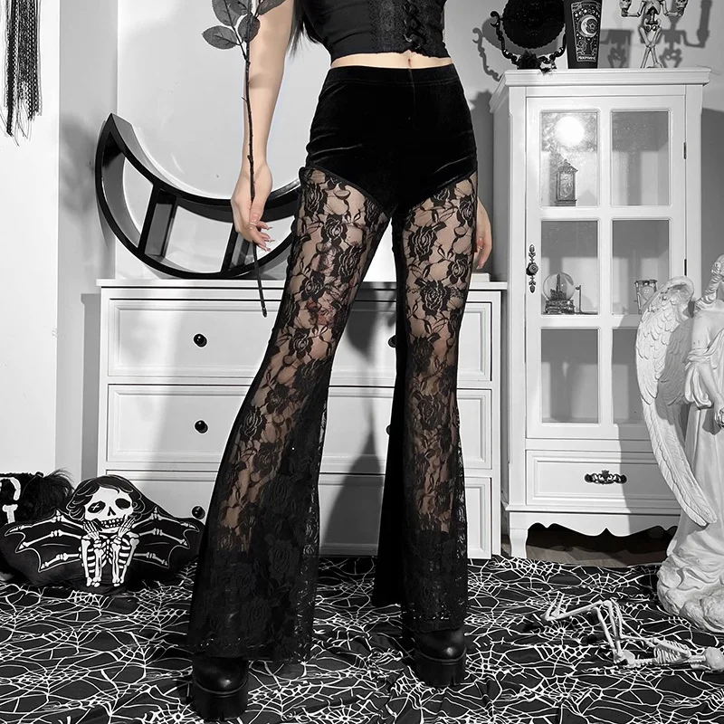 

2022 Summer Lace Pants Trousers Women Female See Through Embroidery High Waist patchwork wide legs Skinny black pants for women