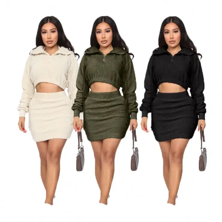 

Hot Sale Women Clothing Casual Long Sleeve Solid Color Womens Ladies Hooded Dress Set Women Skirt Sets