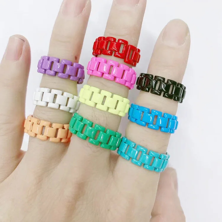 

RA1026 New design Enamel Rainbow Colored Brass Metal watch chain Stackable Rings jewelry for Ladies