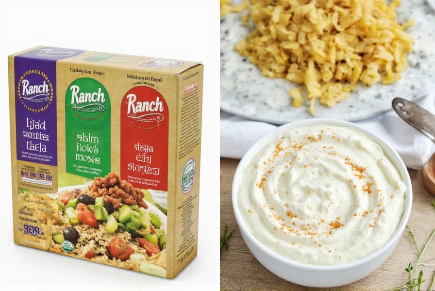 Five different ranch dips arranged on a tray