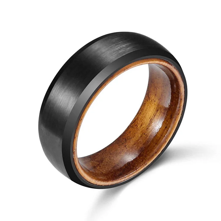 

8mm Black Plated Men Wedding Jewelry Tungsten Hawaiian Koa Wood Ring Inlay, Black, brown, silver