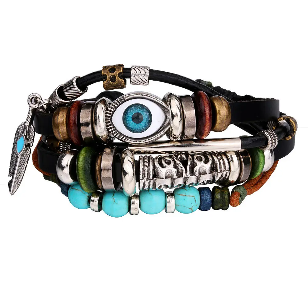 

2021 Hot Selling Fashion Turquoise Blue Eye Men's Bracelet Punk Sunflower Handmade Leather Bracelet Women's Jewelry Bracelet