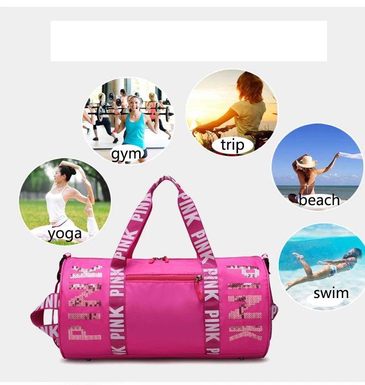 

FREE SHIPPING Large Capacity Duffel Overnight Sports Bag Custom logo women pink sport crossbody duffle pink gym bag, As show