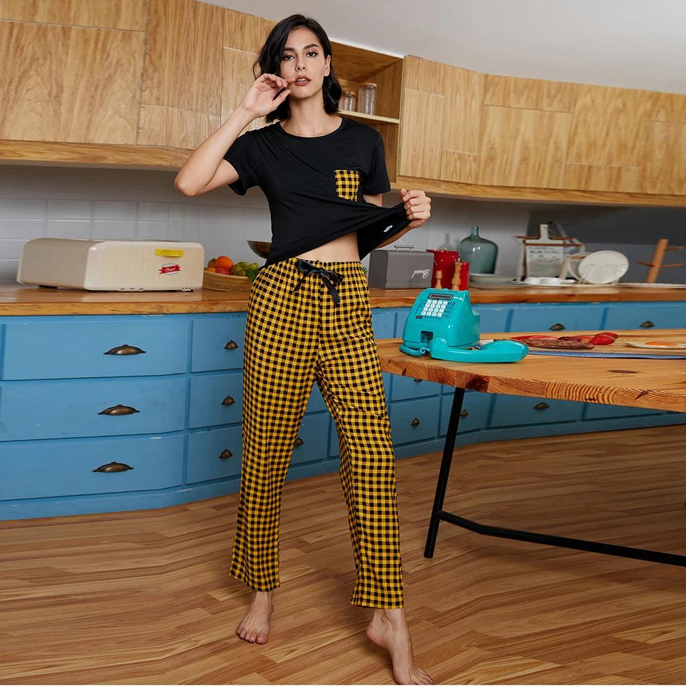 

Cheap yellow plaid print cotton turkey pakistan nighty sleepware pyjamas adult ladies summer sleeping wear pajamas set for women