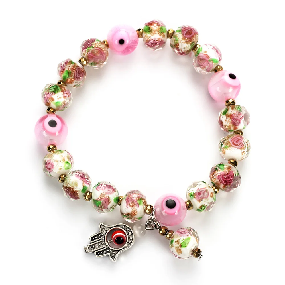 

2020 New Friendship Jewelry Flower Natural Stone Evil Eyes Bracelet Turkish Hand Eyes Pink Bead Charm Bracelet For Girls