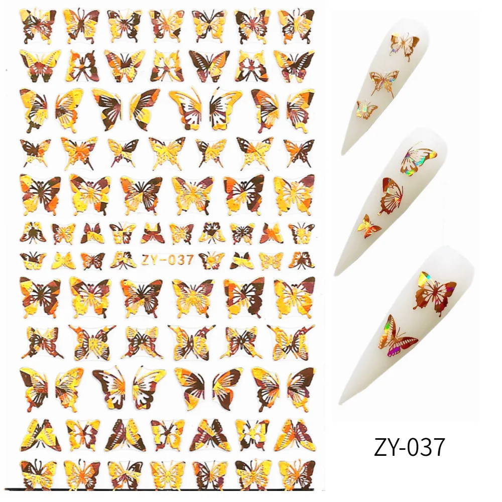 

8 Designs Adhesive 3D Holographic Laser Decals Gold Butterfly Nail Art Stickers, Gold & silver