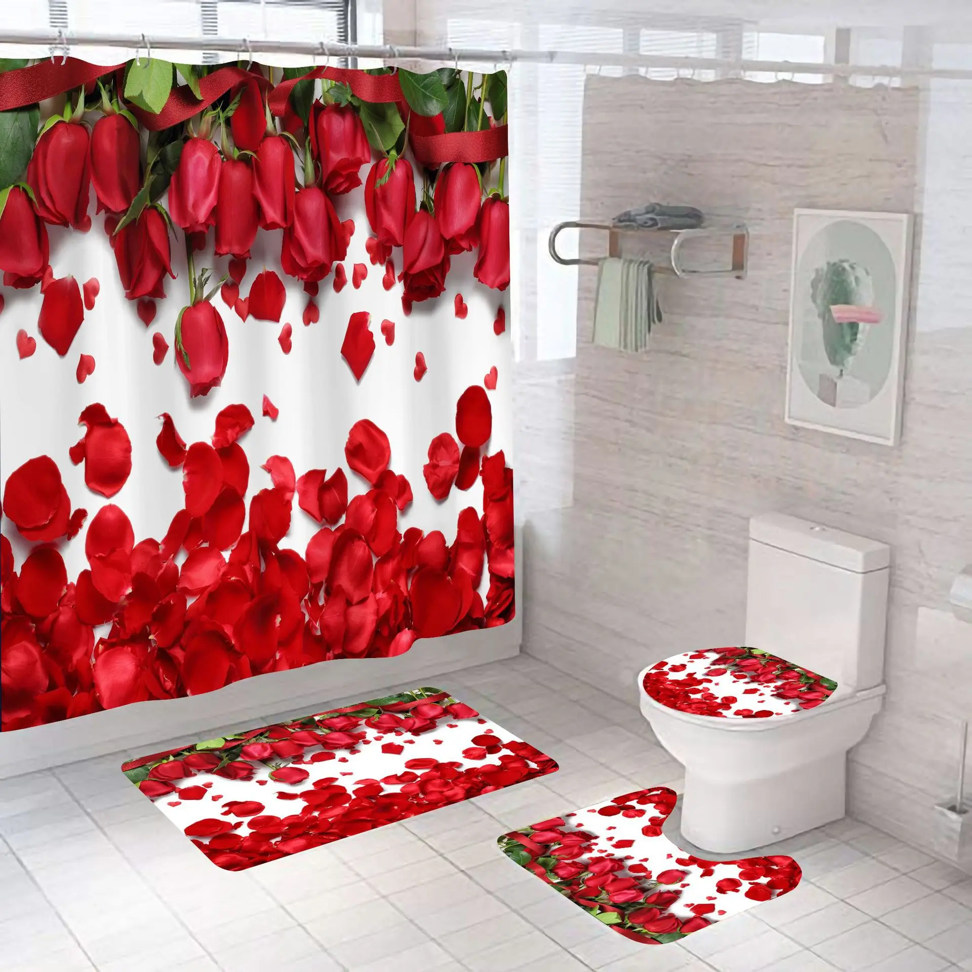 

Red Rose Shower Curtain Romantic Floral Flower Spring Blossom Wall for Bathroom Love Wedding, Customized color