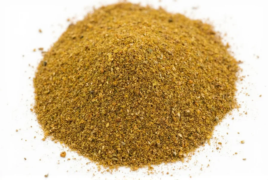 Close-up of ground coriander powder in a spice jar next to whole coriander seeds