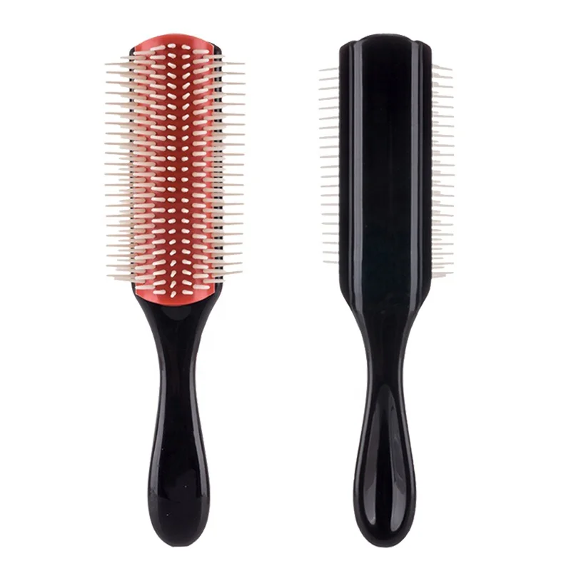 

custom logo professional plastic nylon 9 Row bristle detangling hair brush private label denman hair brush for women, Black