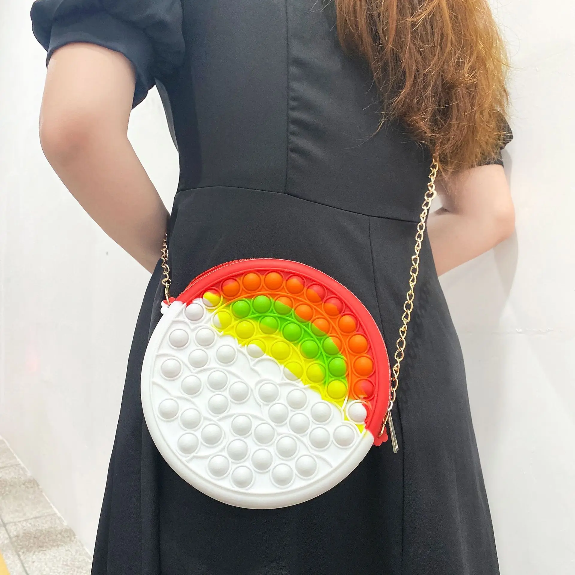 

kawaii fidget pop it purse rainbow hologram clutch purse silicone jelly rainbow round shape kids pop it fidget purse for girls, Multi color or oem