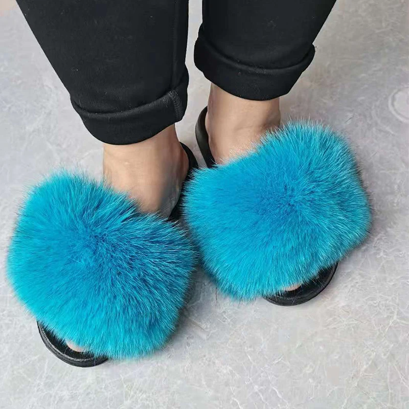 

New Design PVC Sole Multi Colors Fox Fur Slippers Natural Color fox Fur Slides for women, Customized color