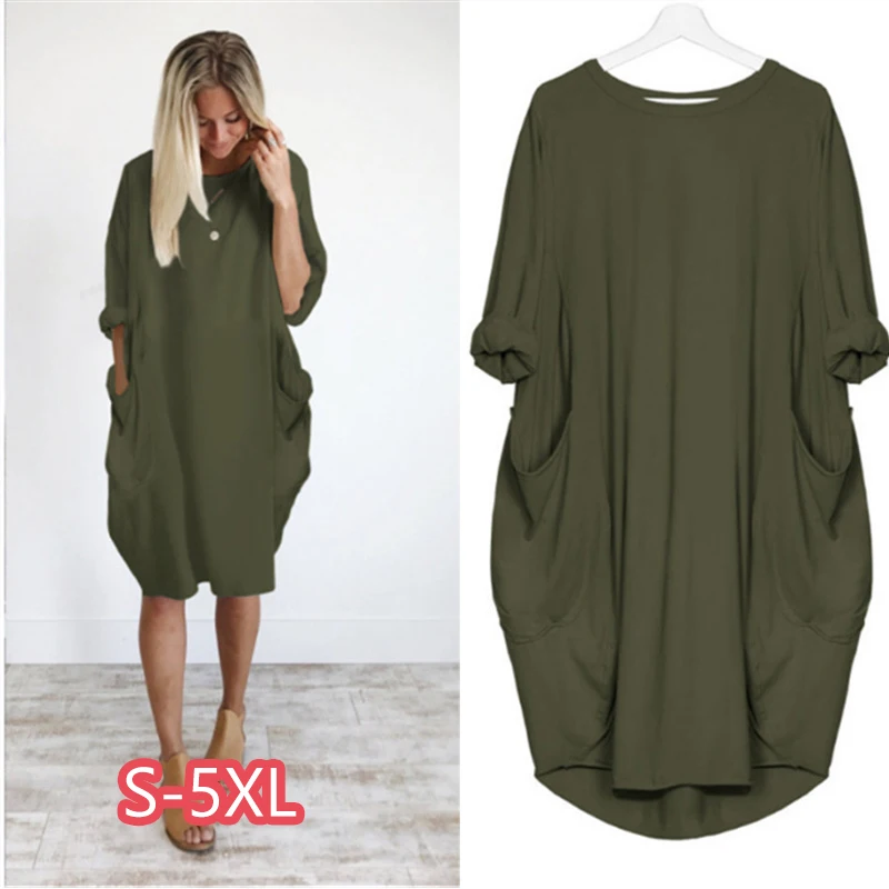 

5XL Plus Size Women Casual Loose Dress with Pocket Spring 2021 Long Sleeve Female T Shirt Dress Vestidos, Customized color