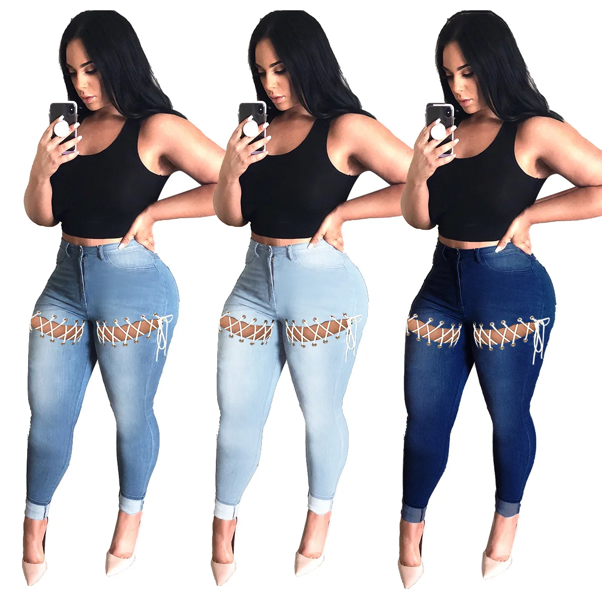 

10315-MX48 plus size women jeans pants pockets hollow out long bodycon bandage sehe fashion