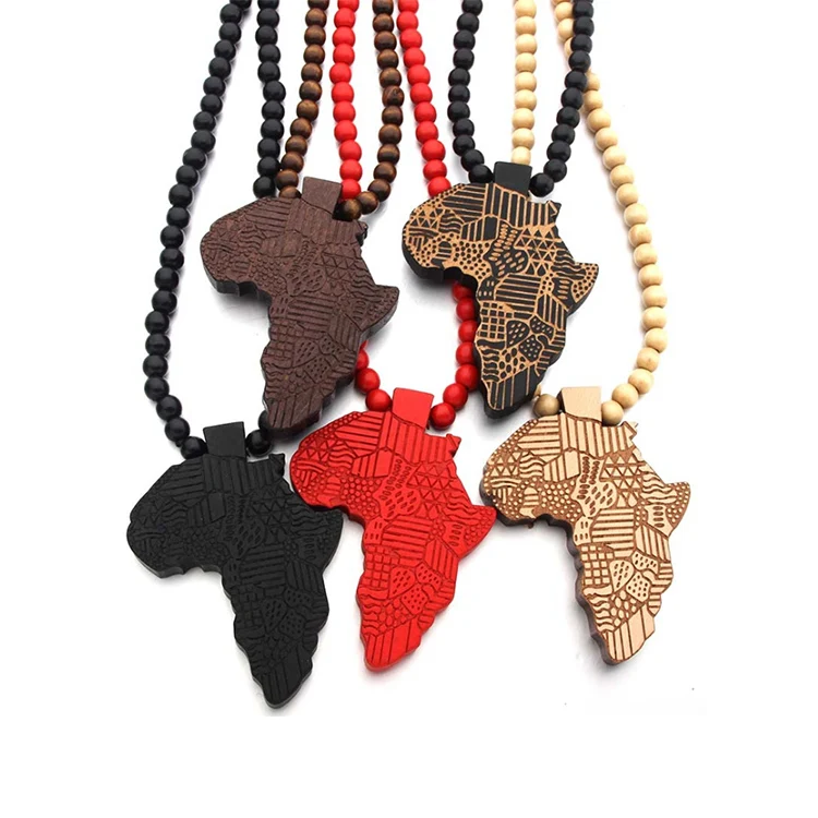

DDA1631 Custom Hip Hop Beaded Pendant Necklaces Jewelry Unisex Wooden Beads Rosary Necklace Handmade Wood African Map Necklace, 5 colors