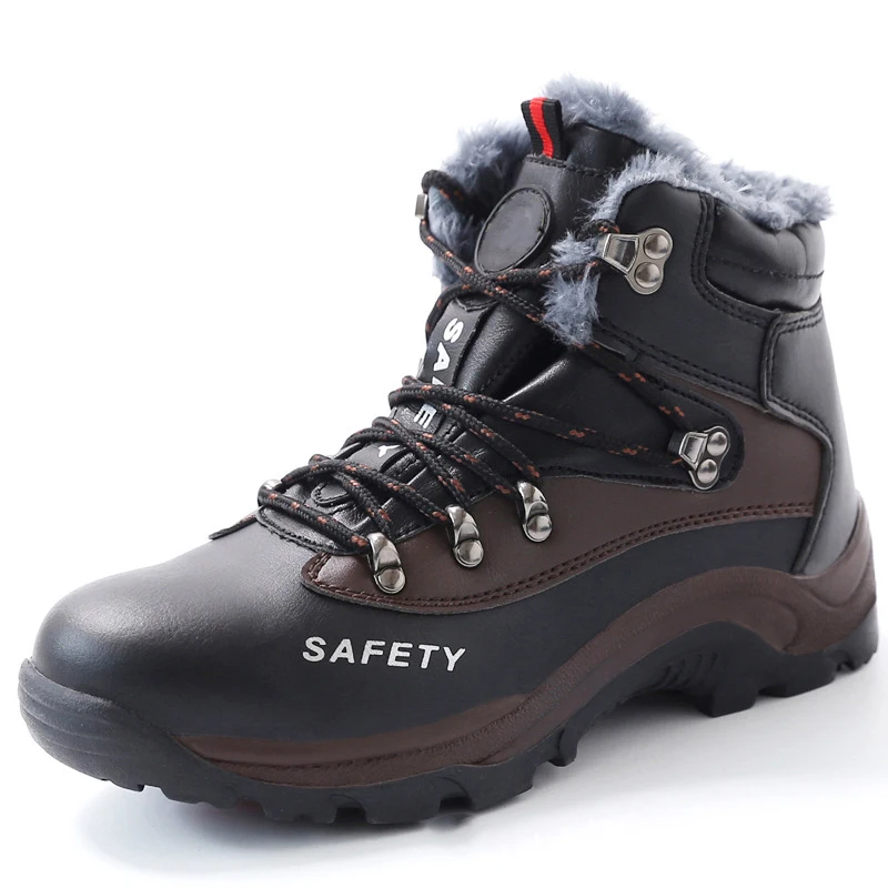 

Winter Safety Shoes Warm Work Boots Waterproof Protective Footwear Mid cut Steel Toe Shoes Men, Brown,black