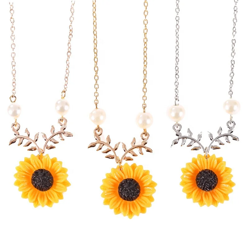 

Wholesale Fashion Resin Sunflower pearl and leaf Twig Women Sunflower Pendant Necklaces for gift necklaces