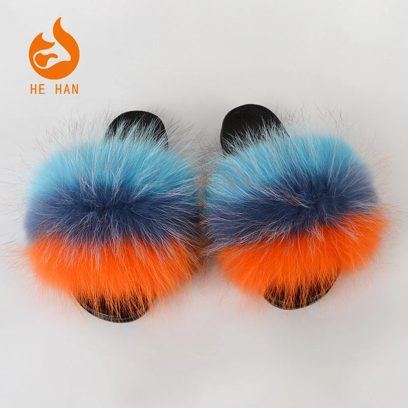 

wholesale custom color pvc slides ladies soft real raccoon fur slides women fur slippers