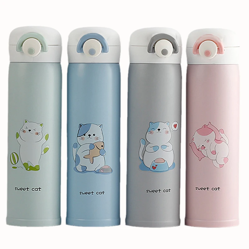 

500ml Thermos Mug Portable Cute Cat Bouncing Cup Stainless Steel Vacuum Flask Thermal Bottle Tumbler Thermocup