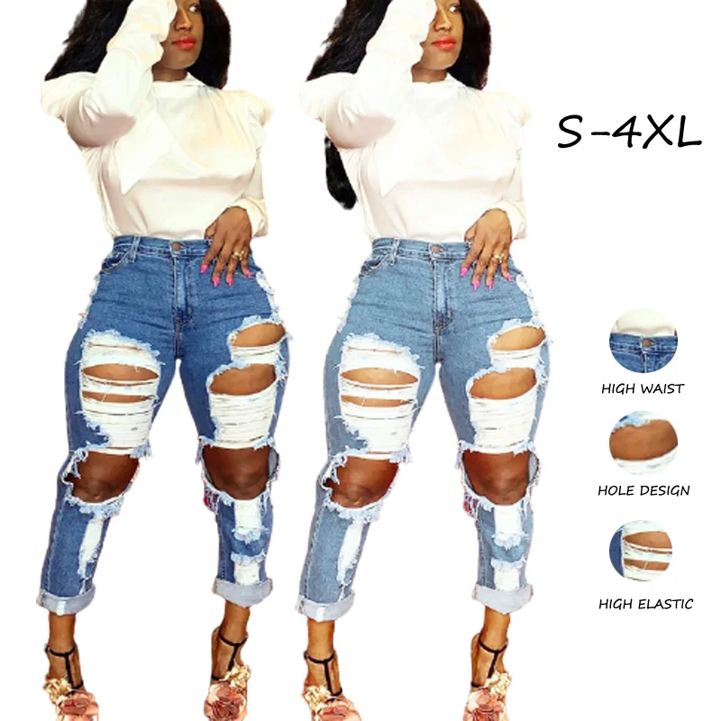 

Wholesale Custom Women Jeans High Waist Blue Stretch Plus Size Pant Ladies skinny Pencil Pants Denim Ripped trousers