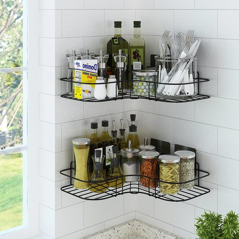 

Wall Mounted kitchen spice rack organizer hanging corner shelf storage holders kitchen wall rack dish rack with Magic Sticker