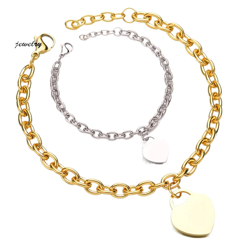 

Engraved Heart Couple Stainless Steel Bracelets Charm Chunky Chain 18K Gold Jewelry Bracelet For Women Girls Valentines Gift