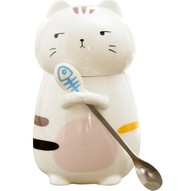 

Cute Animal Cat Cute Ceramic Water Cup Lovers Creative Large Capacity Mug With Cover Coffee cup, White