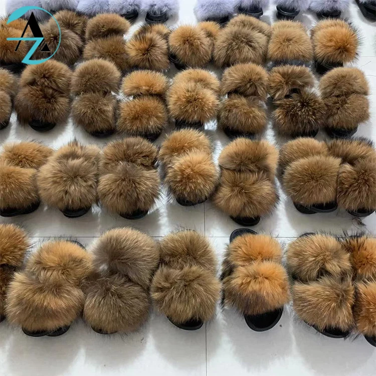 

Wholesale new designer fuzzy fox racoon fur slippers fluffy real raccoon furry fur slides for women, Single color, mixed color or custom