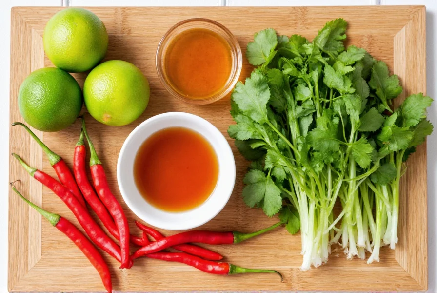 Fresh ingredients for authentic Thai chili salad including red chilies, limes, fish sauce, and fresh herbs arranged on wooden cutting board