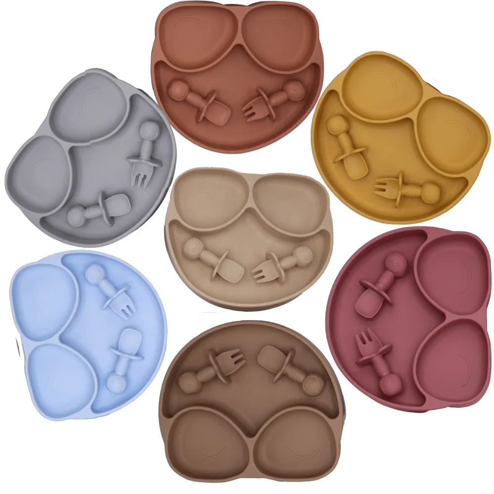 

Cookware Sets BPA-Free Silicone Divided Plate Toddler spoon fork with suction base with lids baby feeding products supplies