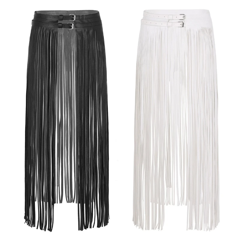 

In Stock Gothic Punk Tassel Skirt With Belt Womens Leather Double Buckles Waistband Long Fringe Skirt