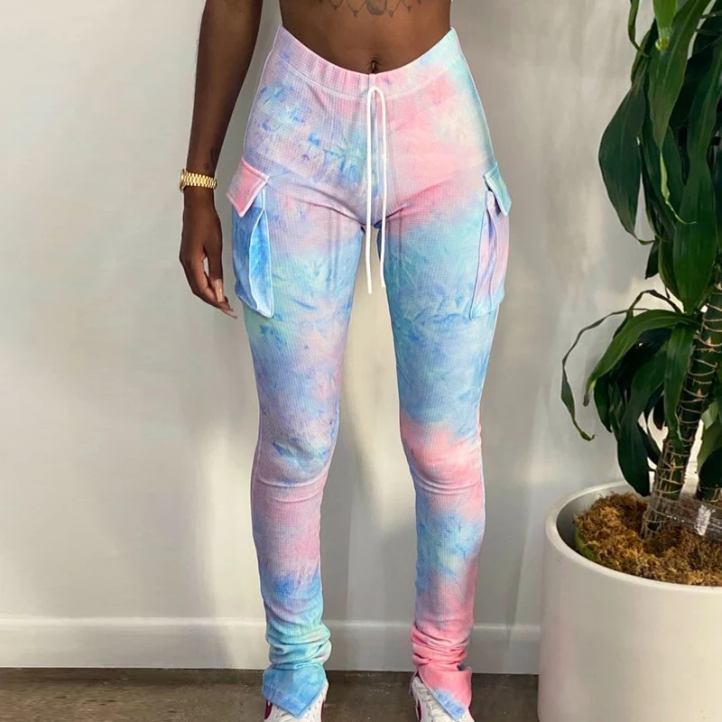 

Tie Dye Print Pocket Slit Stacked Tight Pants Women Streetwear 2020 Fall Winter Fashion Trousers